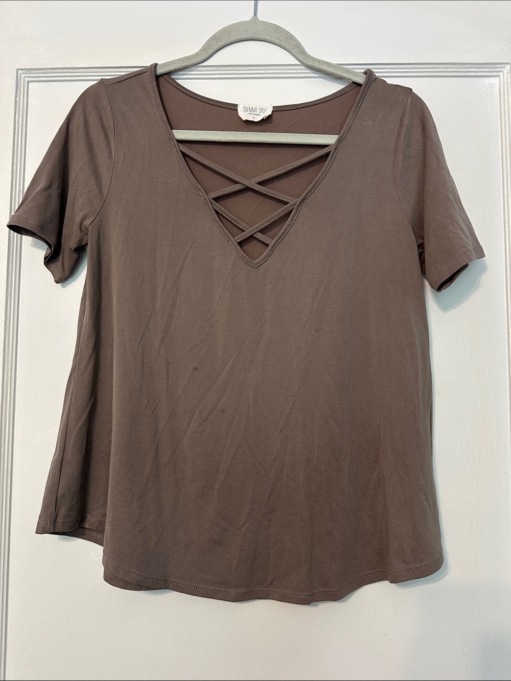 Sienna Sky Crisscross V-Neck Short Sleeve Tee - Gray/Brown